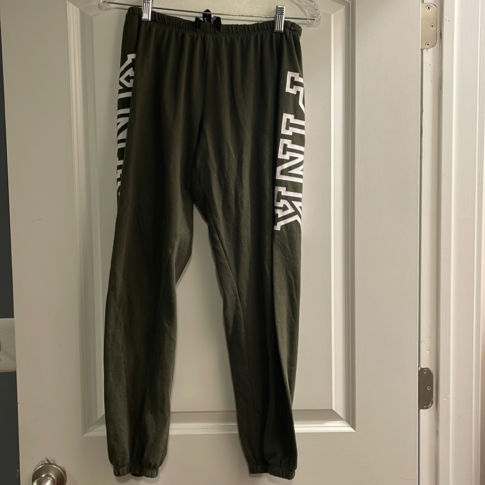 Pink army green with white logo down leg drawstring jogging pants